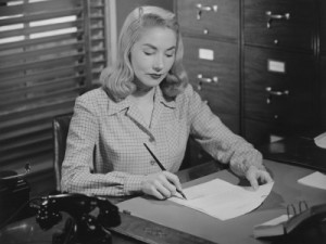 vintage-lady-writing-at-desk-woman-50s-60s-retro